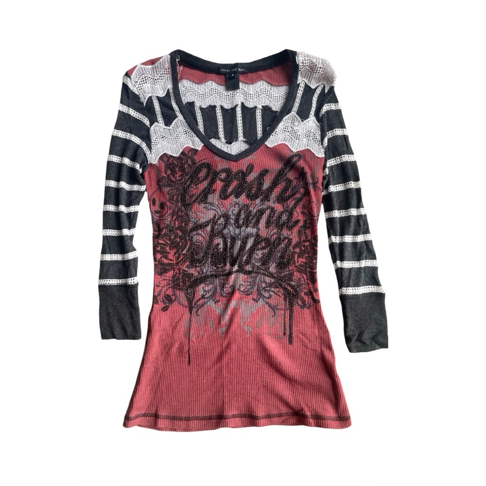 Striped Lace-Accent Pink Graphic Tunic Top